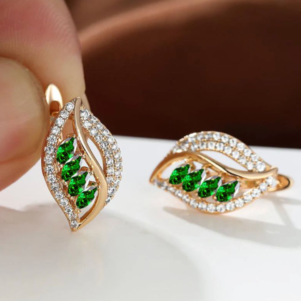 Emerald-Green Leaf Gold Earrings – view 4