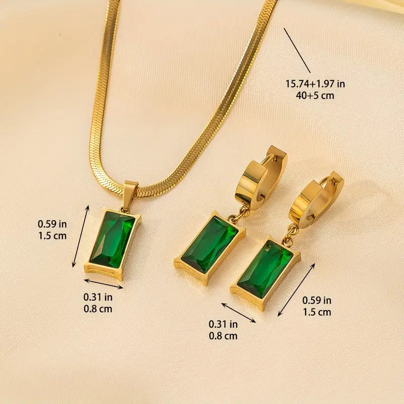 Emerald-Green Rectangle Gold Necklace Set – view 5