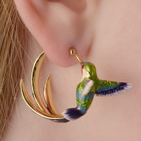Enamel Hummingbird Gold Hoop Earrings