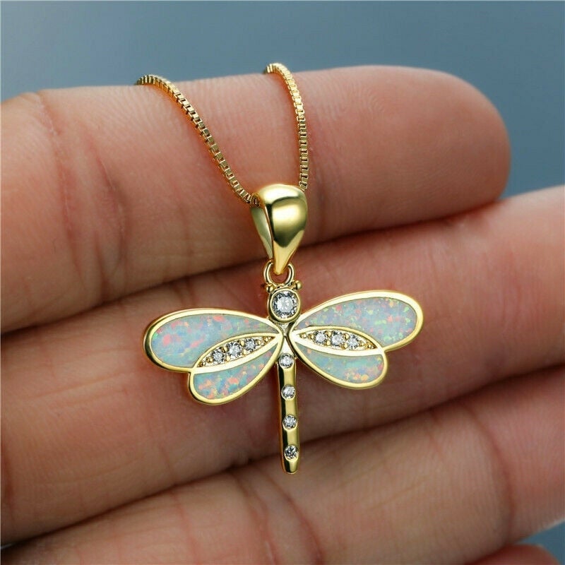 Opal Dragonfly Gold Necklace