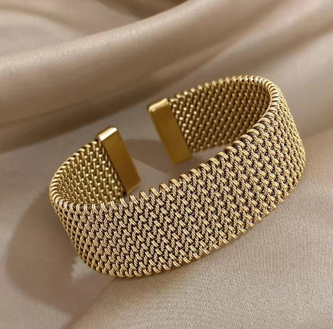 Braided Mesh Gold Cuff Bracelet – view 4