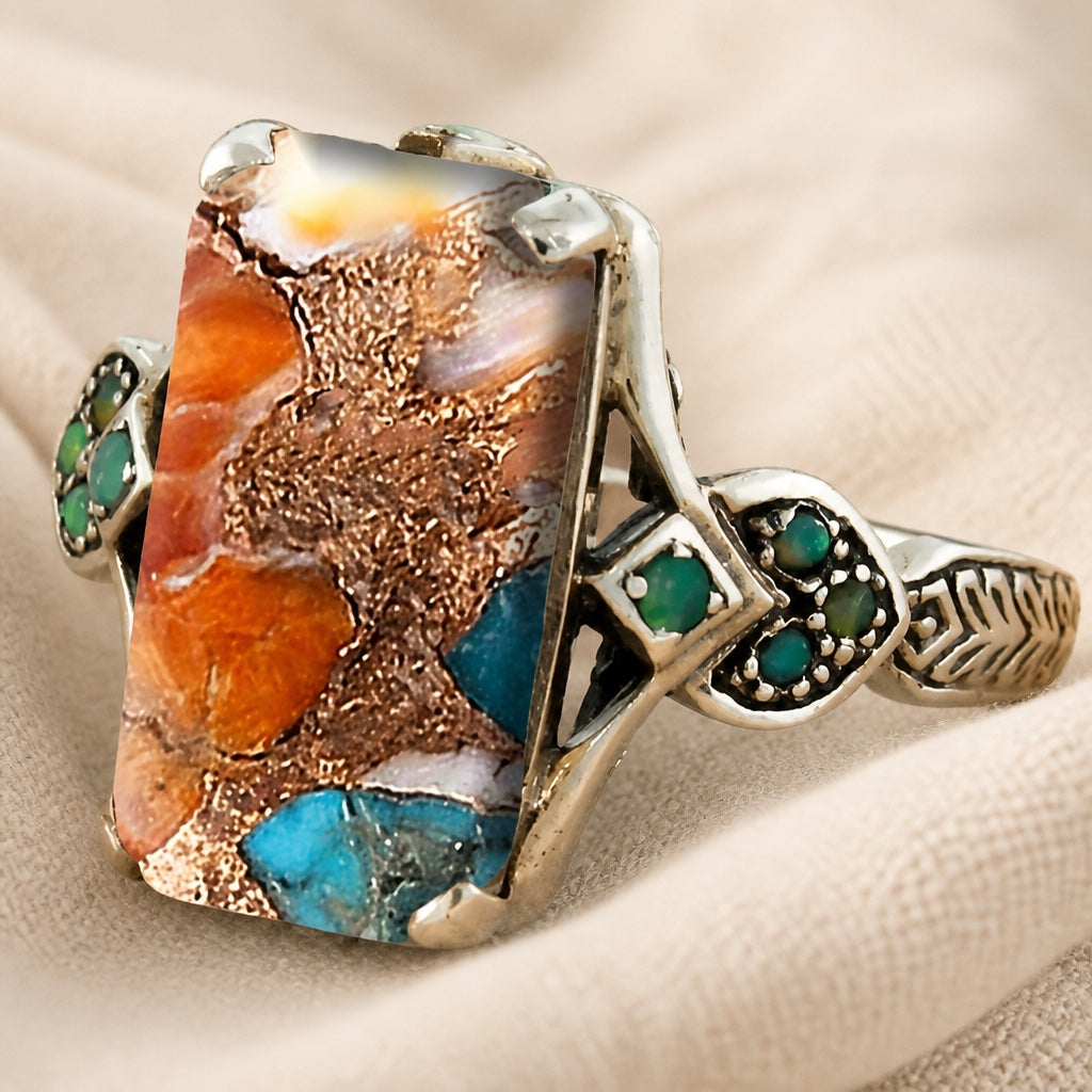 Boho Mosaic Stone Silver Ring