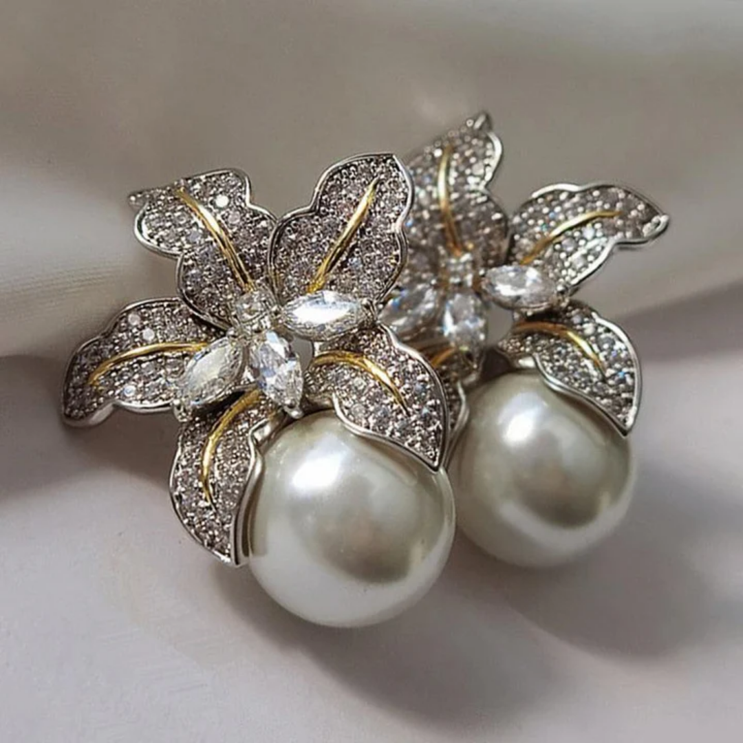 Crystal Flower Pearl Stud Earrings