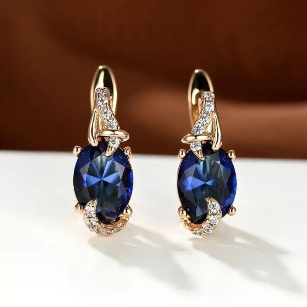Deep Blue Oval Gold Drop Earrings