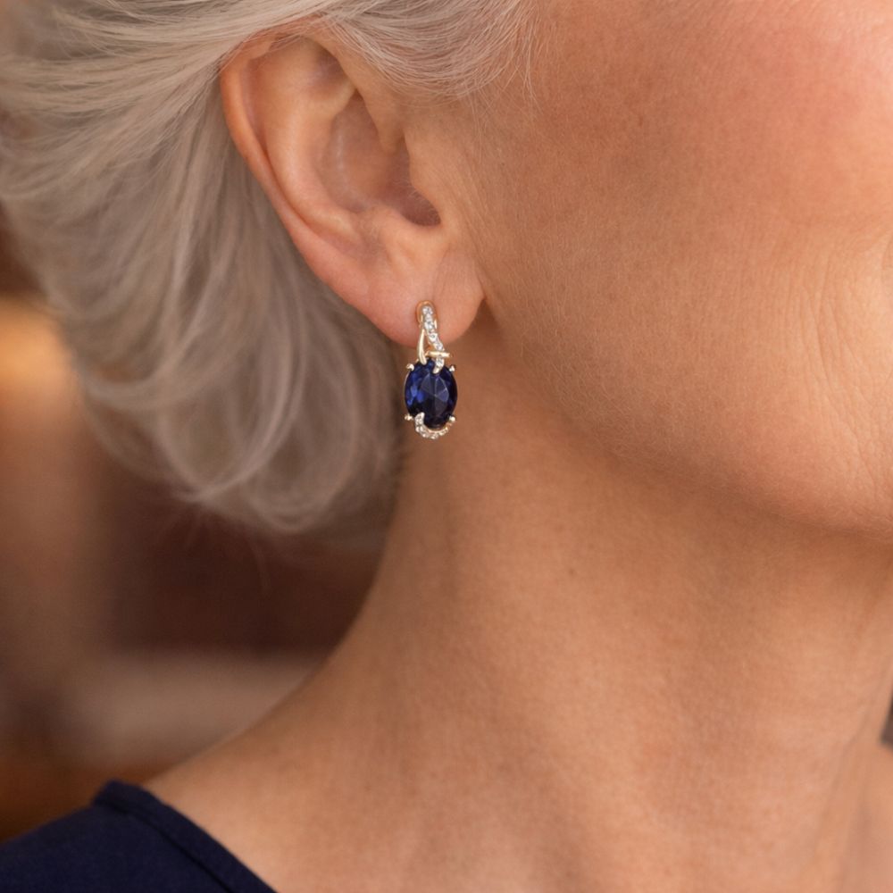 Deep Blue Oval Gold Drop Earrings – view 2