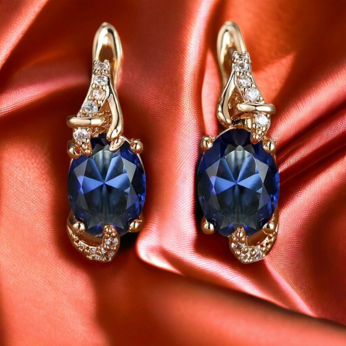 Deep Blue Oval Gold Drop Earrings – view 3