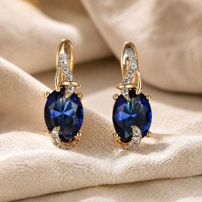 Deep Blue Oval Gold Drop Earrings – view 4