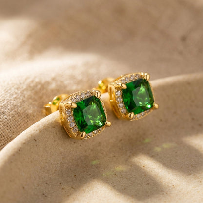 Emerald-Green Halo Gold Stud Earrings