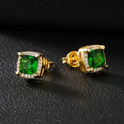 Emerald-Green Halo Gold Stud Earrings – view 2