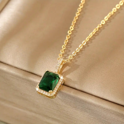 Emerald-Green Halo Pendant Gold Necklace