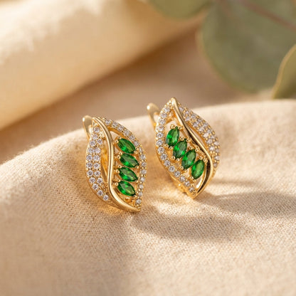 Emerald-Green Leaf Gold Earrings