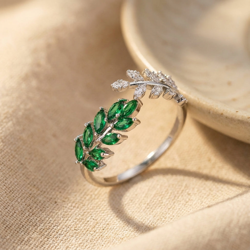 Emerald-Green Leaf Silver Ring