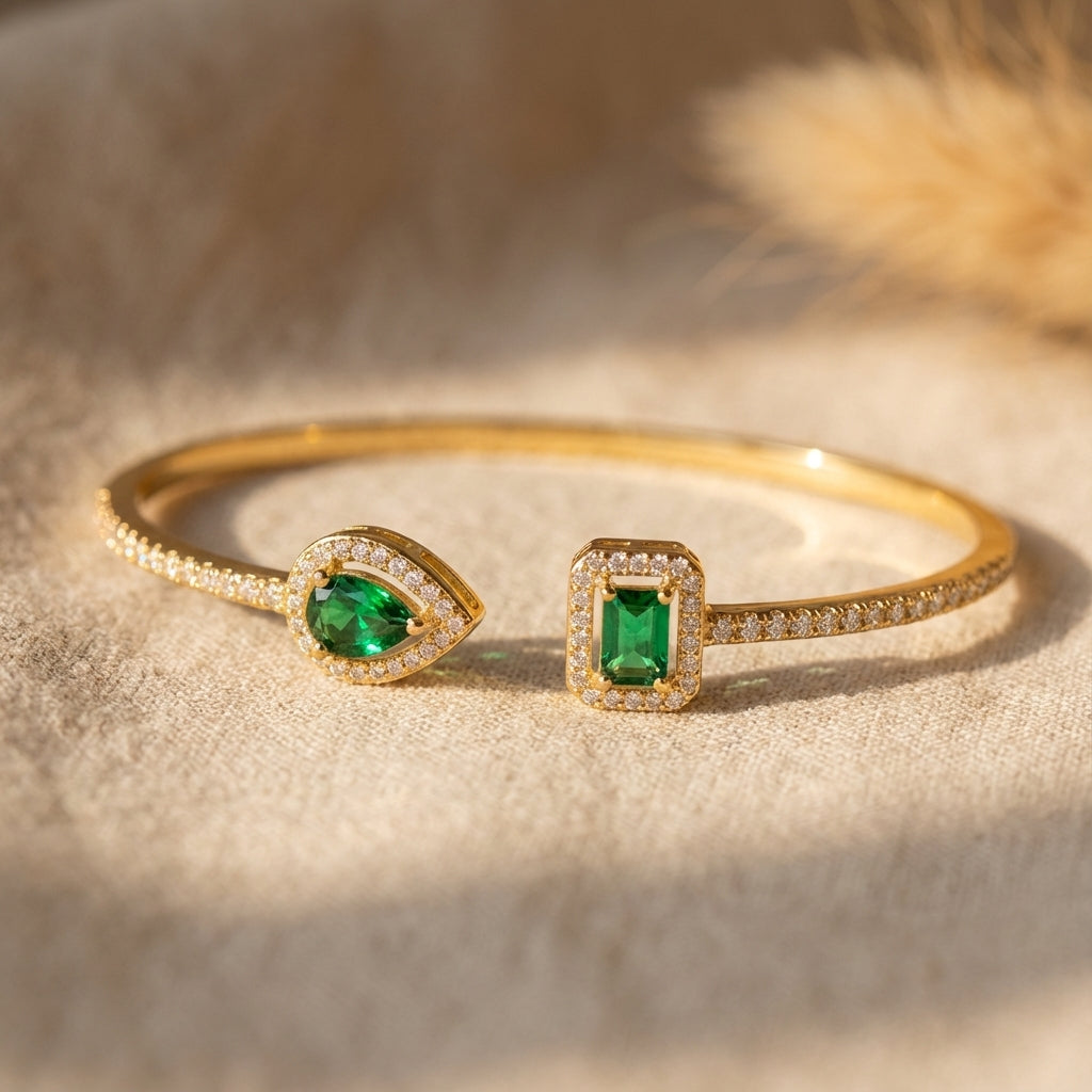 Emerald-Green Open Cuff Gold Bracelet
