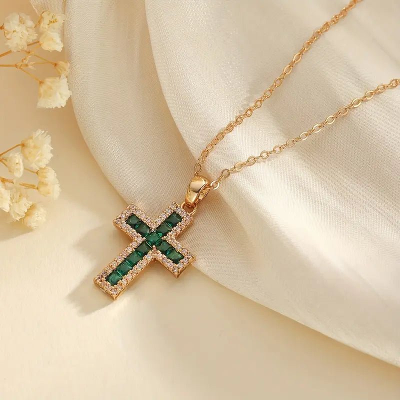 Emerald-Green Pavé Cross Gold Necklace