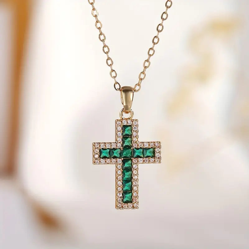 Emerald-Green Pavé Cross Gold Necklace – view 2