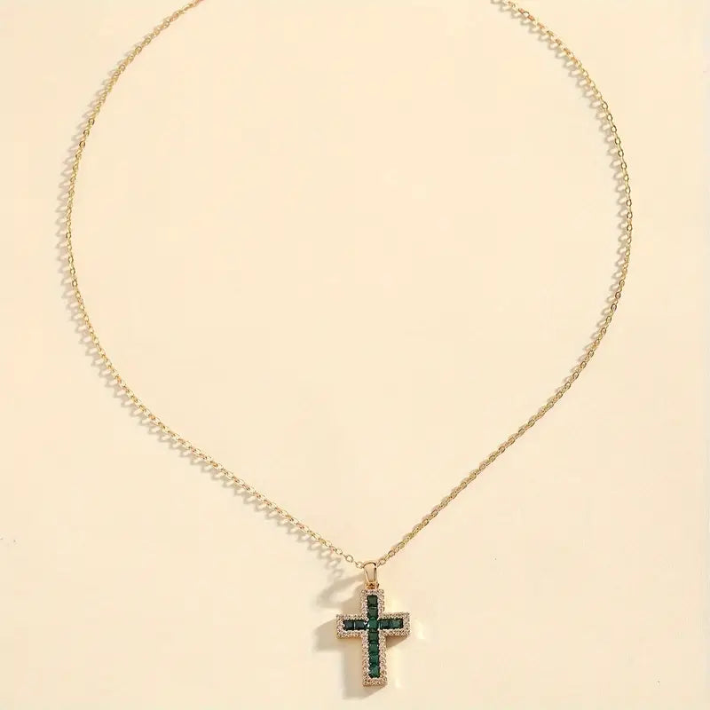 Emerald-Green Pavé Cross Gold Necklace – view 3