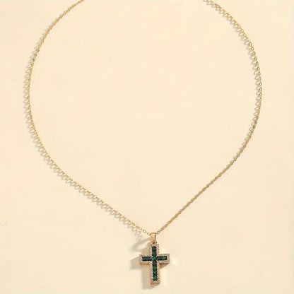 Emerald-Green Pavé Cross Gold Necklace – view 3