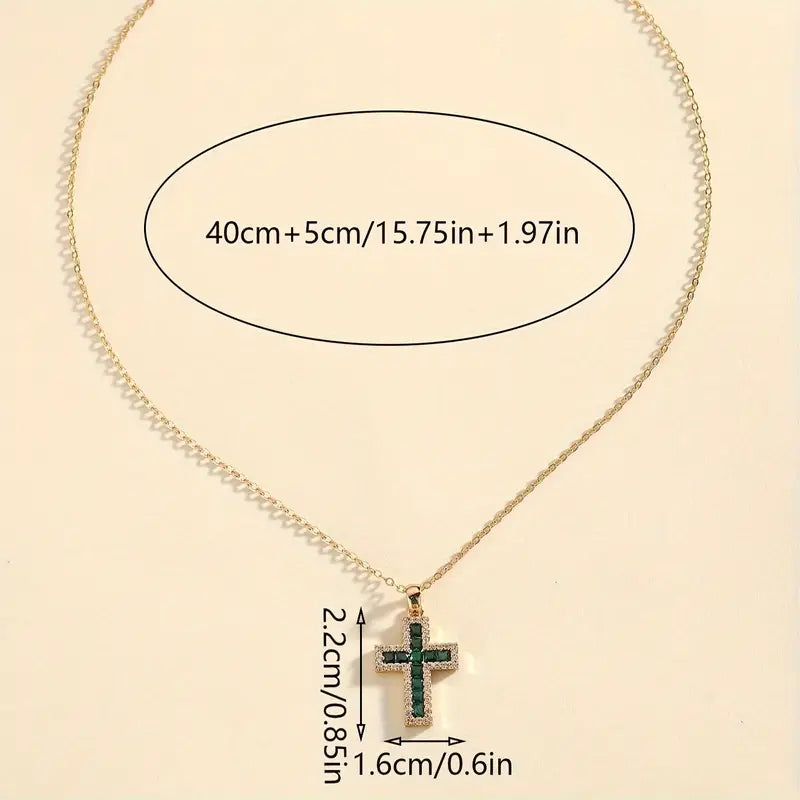 Emerald-Green Pavé Cross Gold Necklace – view 4