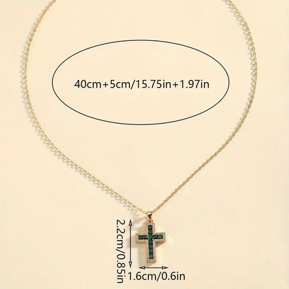 Emerald-Green Pavé Cross Gold Necklace – view 4