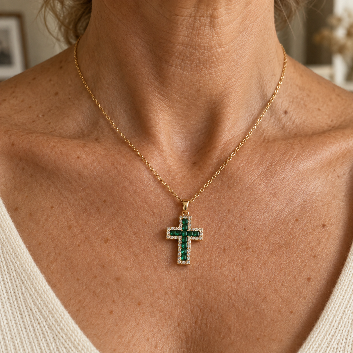 Emerald-Green Pavé Cross Gold Necklace – view 5