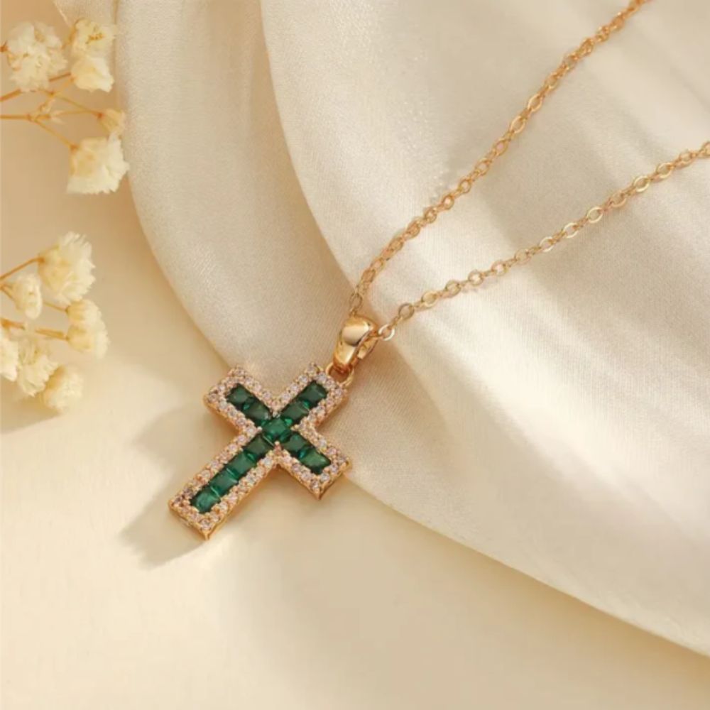Emerald-Green Pavé Cross Gold Necklace – view 6
