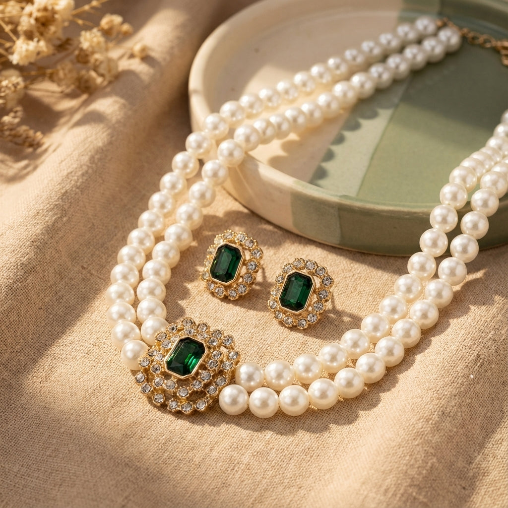 Emerald-Green Pearl Necklace Set