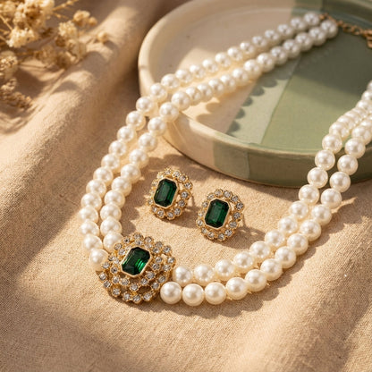 Emerald-Green Pearl Necklace Set