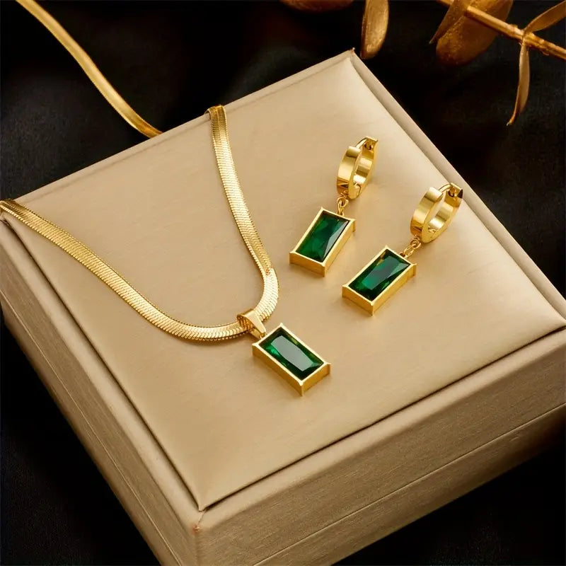 Emerald-Green Rectangle Gold Necklace Set
