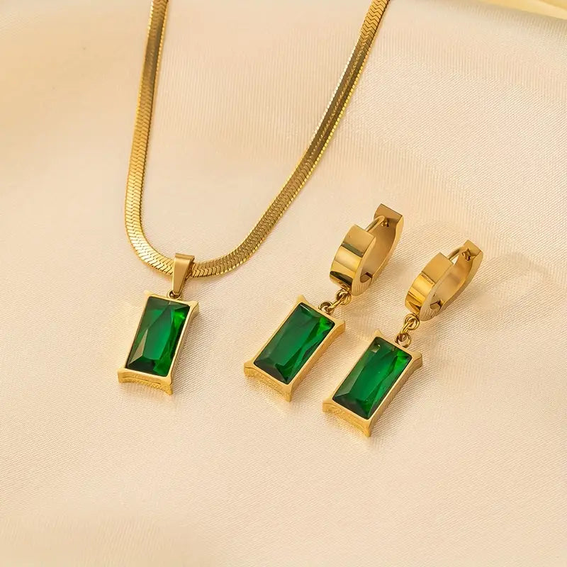 Emerald-Green Rectangle Gold Necklace Set – view 2