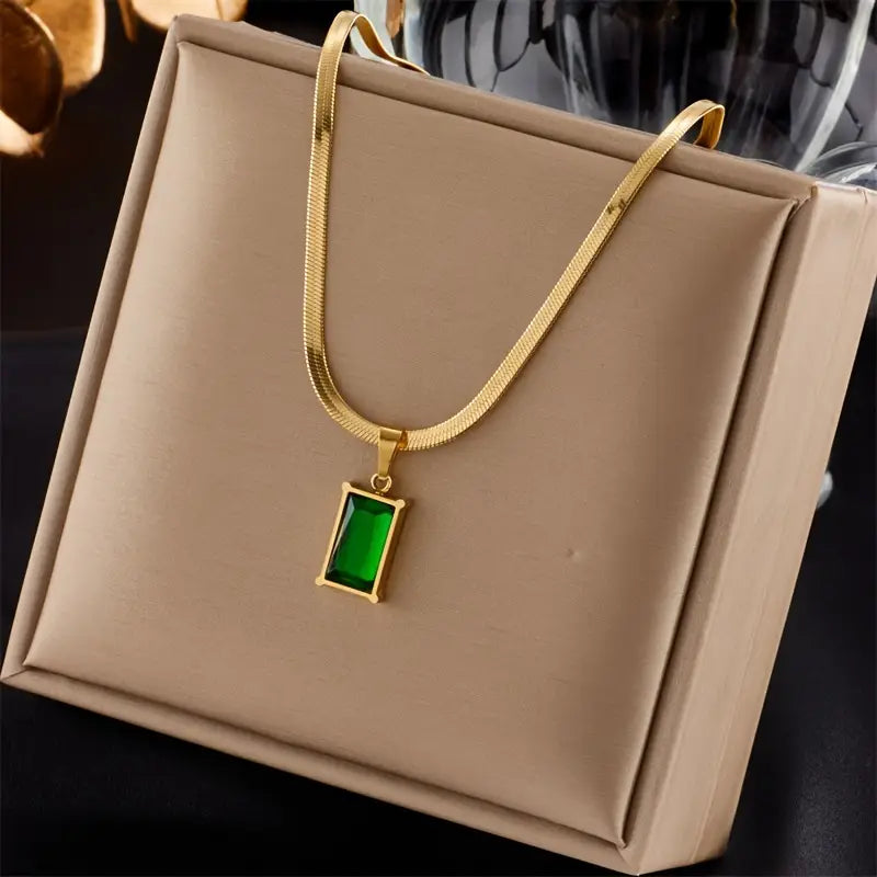 Emerald-Green Rectangle Gold Necklace Set – view 3