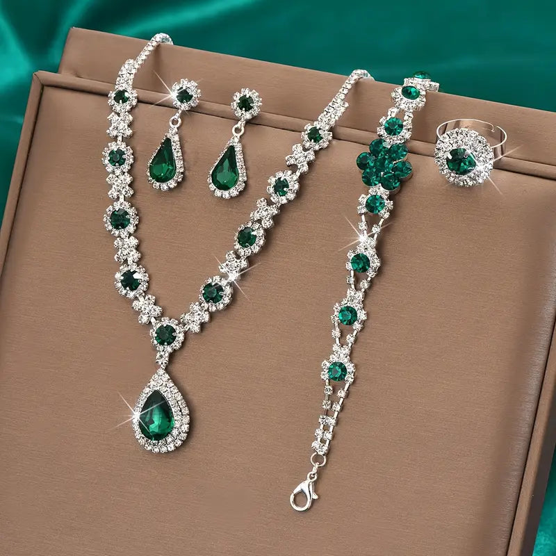 Emerald-Green Teardrop Silver Jewelry Set