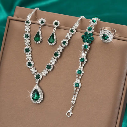 Emerald-Green Teardrop Silver Jewelry Set