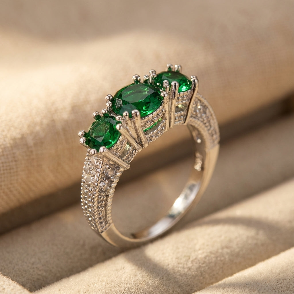 Emerald-Green Three-Stone Silver Ring