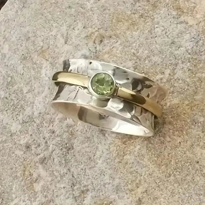 Green Stone Hammered Two-Tone Ring