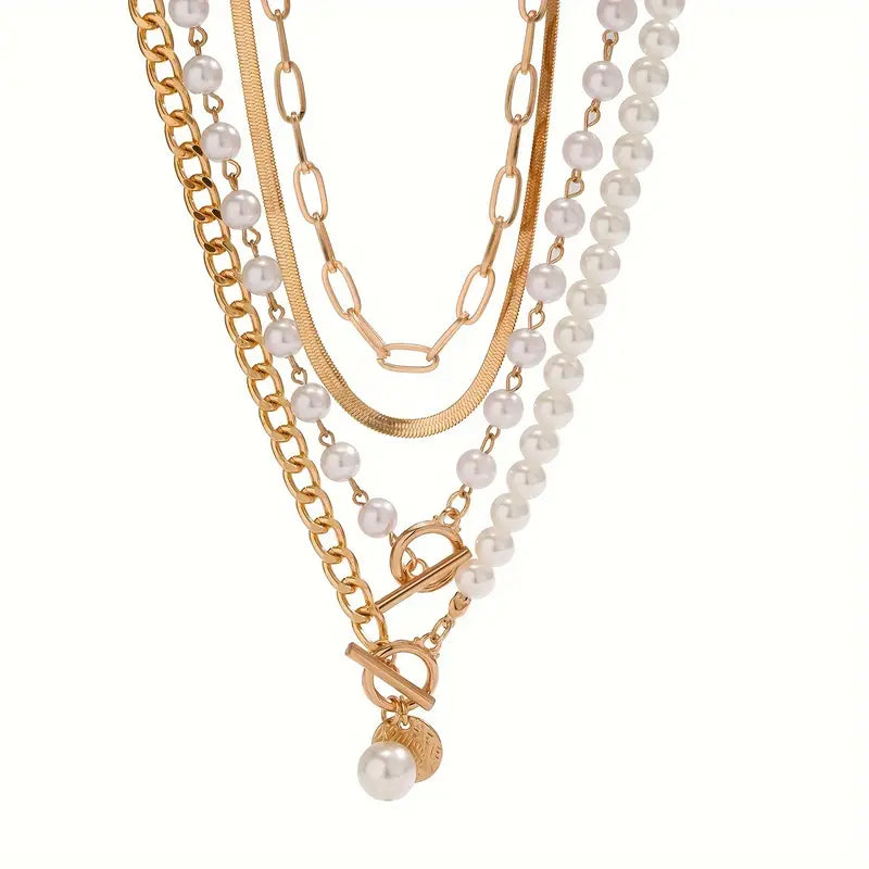 Layered Pearl Gold Necklace Set
