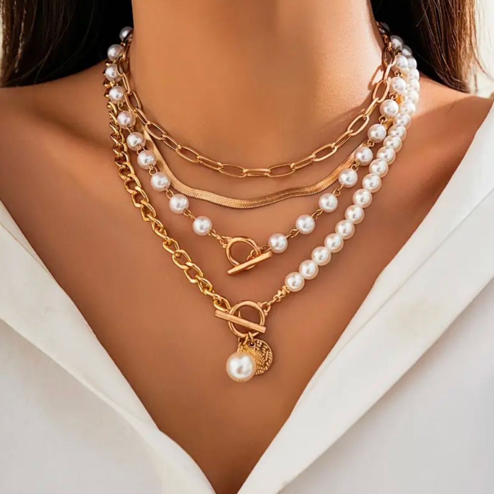 Layered Pearl Gold Necklace Set – view 2