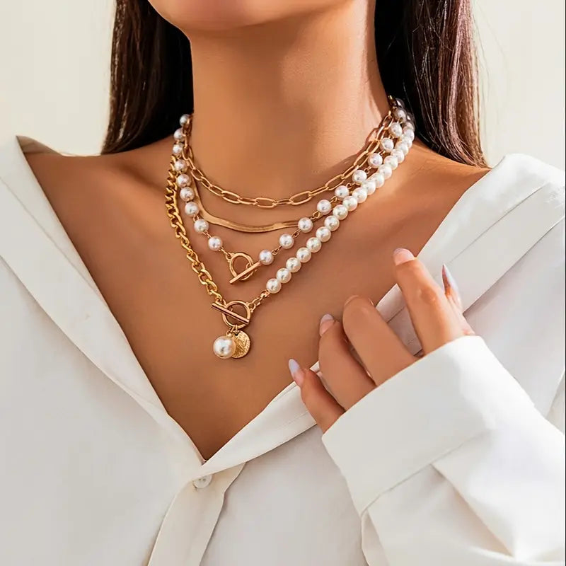 Layered Pearl Gold Necklace Set – view 6
