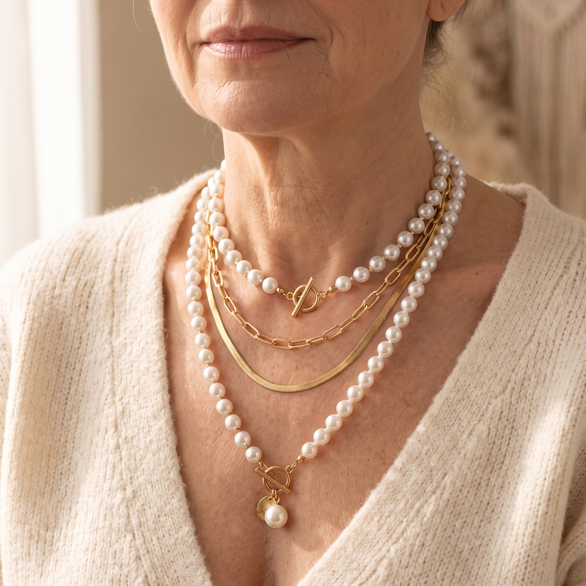 Layered Pearl Gold Necklace Set – worn