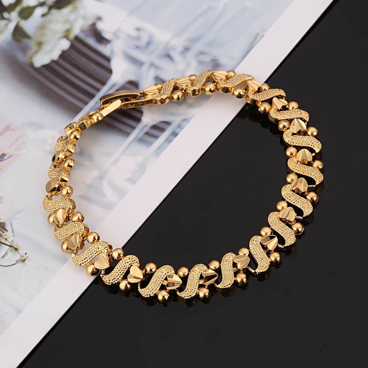 Ornate Wave Link Gold Bracelet
