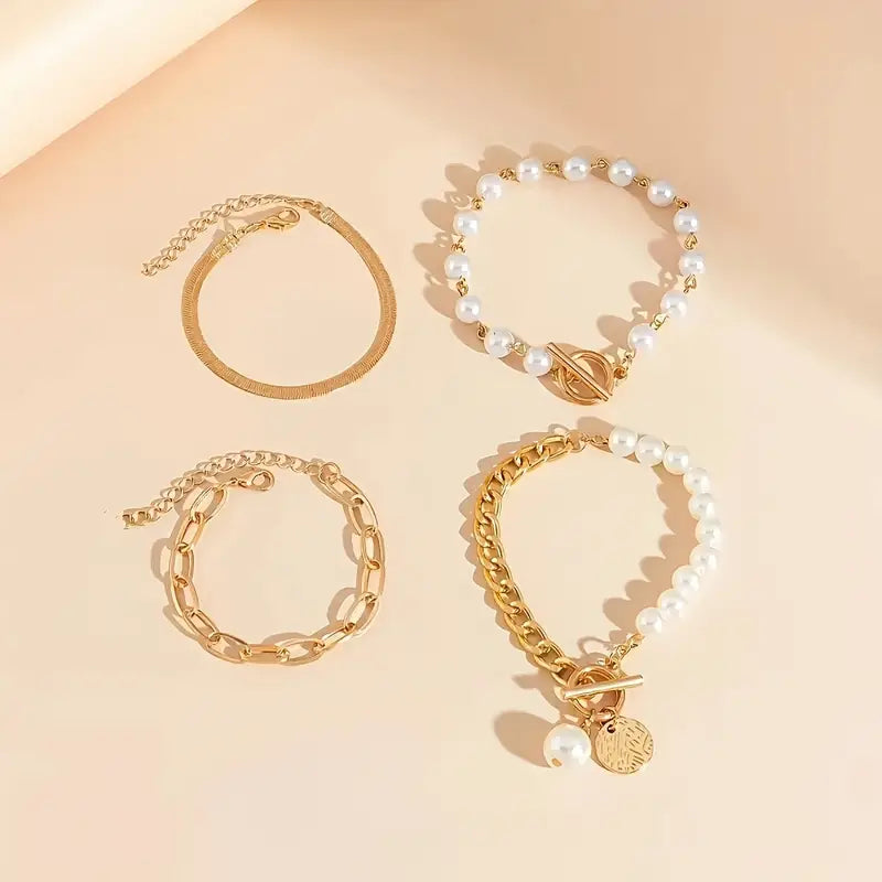 Pearl Toggle Gold Bracelet Set