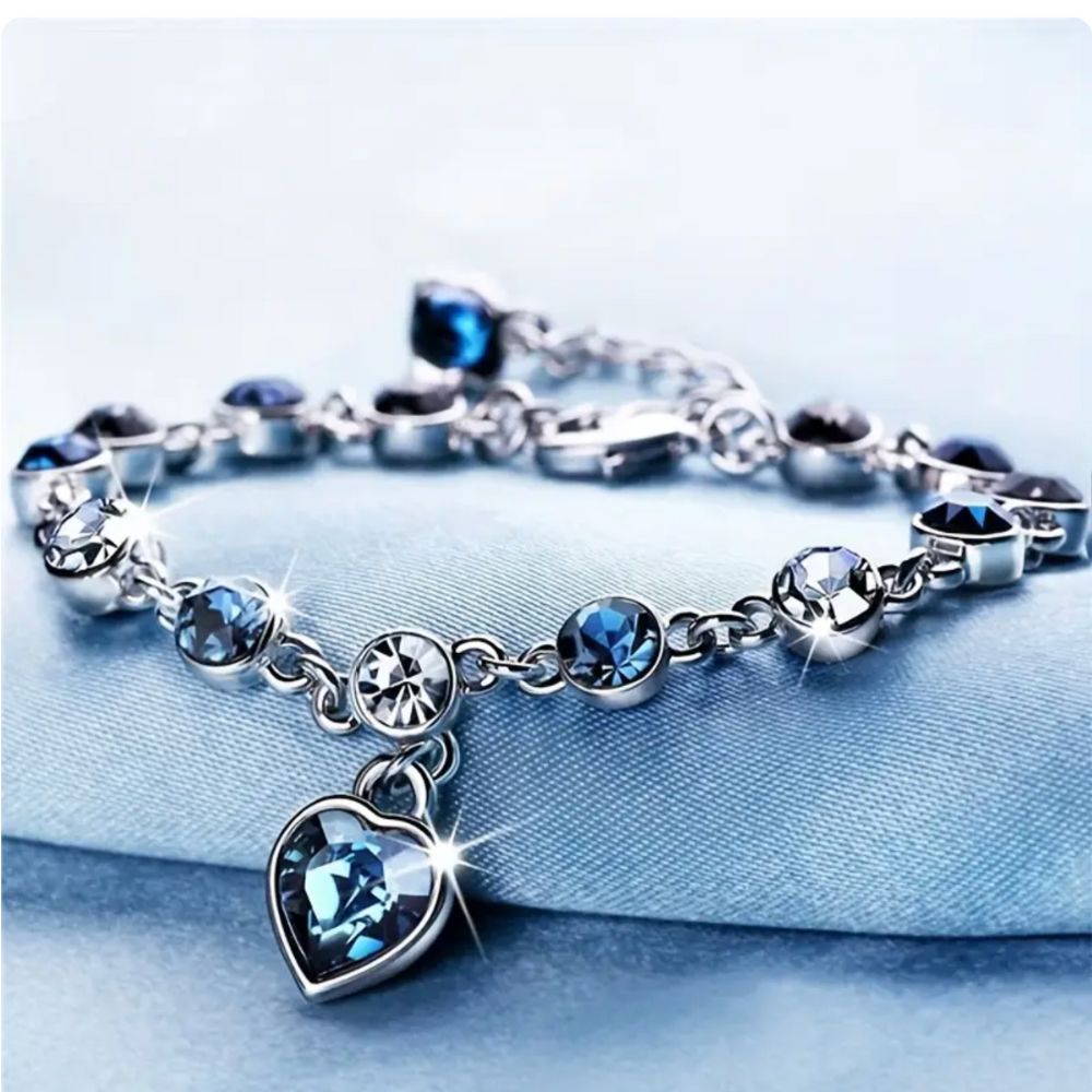 Sapphire-Blue Heart Charm Silver-Tone Bracelet