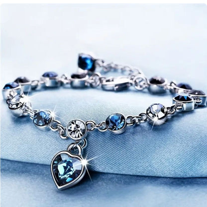 Sapphire-Blue Heart Charm Silver-Tone Bracelet