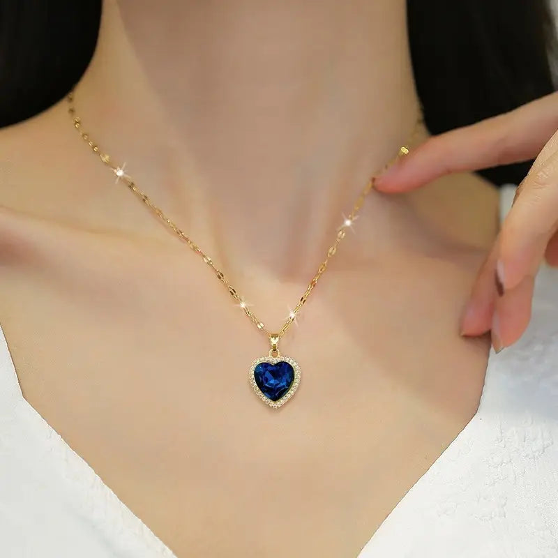 Sapphire-Blue Heart Halo Gold Necklace – view 3