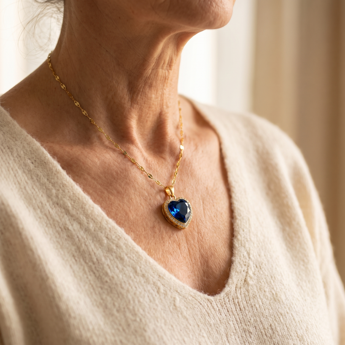 Sapphire-Blue Heart Halo Gold Necklace – worn