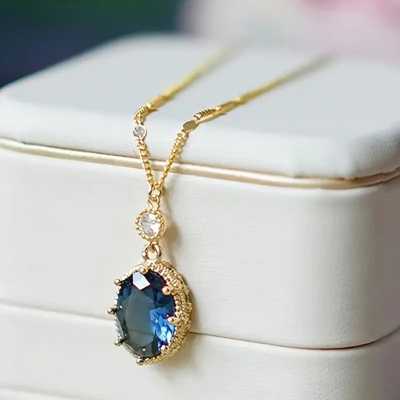 Sapphire-Blue Oval Drop Gold Necklace