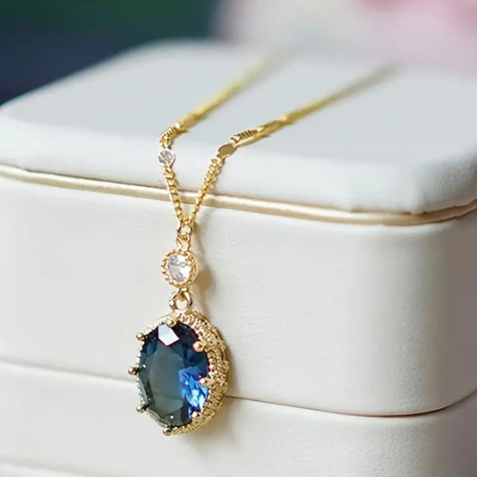 Sapphire-Blue Oval Drop Gold Necklace