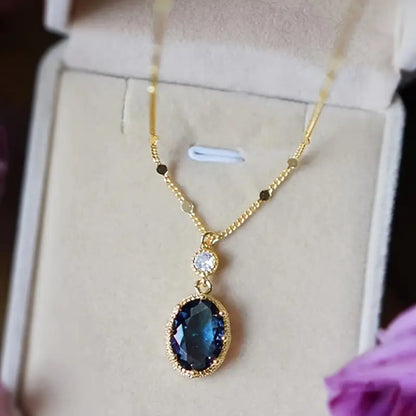 Sapphire-Blue Oval Drop Gold Necklace – view 2