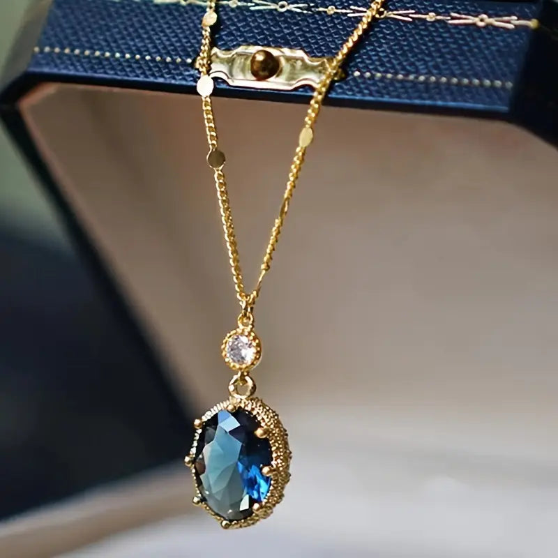 Sapphire-Blue Oval Drop Gold Necklace – view 3