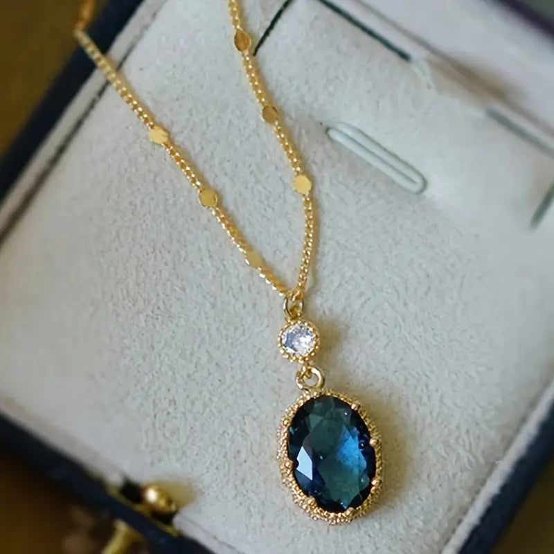 Sapphire-Blue Oval Drop Gold Necklace – view 4