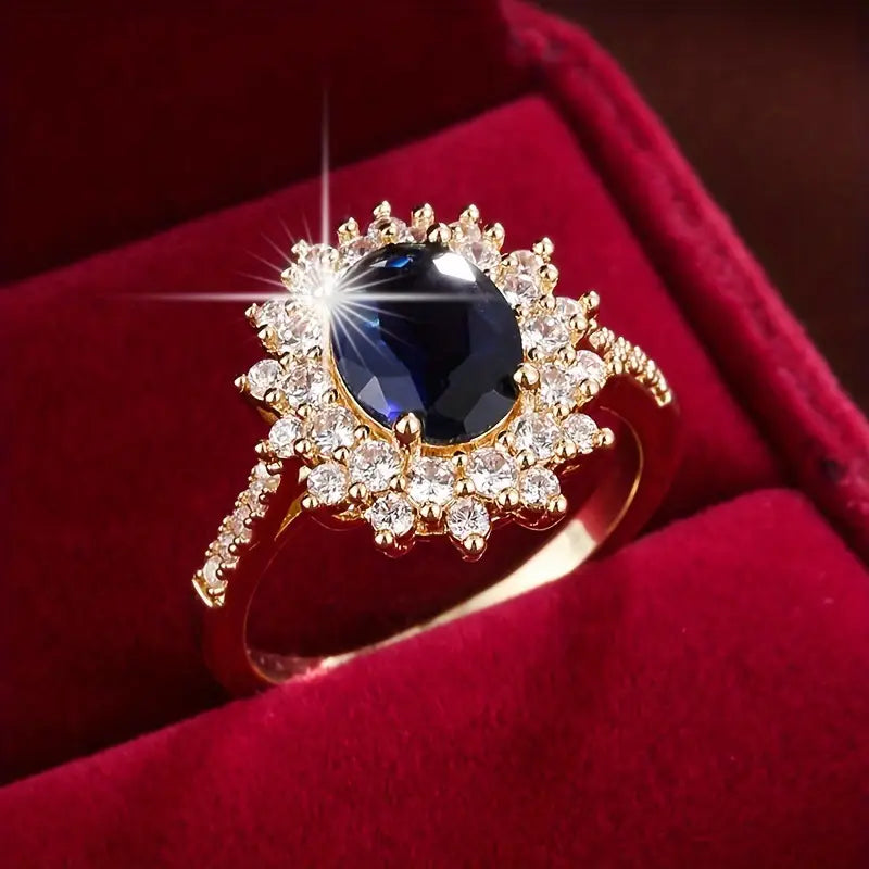 Sapphire-Blue Oval Halo Gold Ring